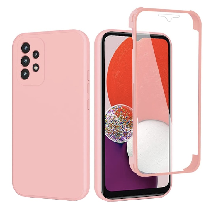 Szilikon TPU 360°-os tok Samsung Galaxy A52 telefonhoz, teljes képernyő és hátvédelem, mikroszálas belső és kamera védelem, rózsaszín