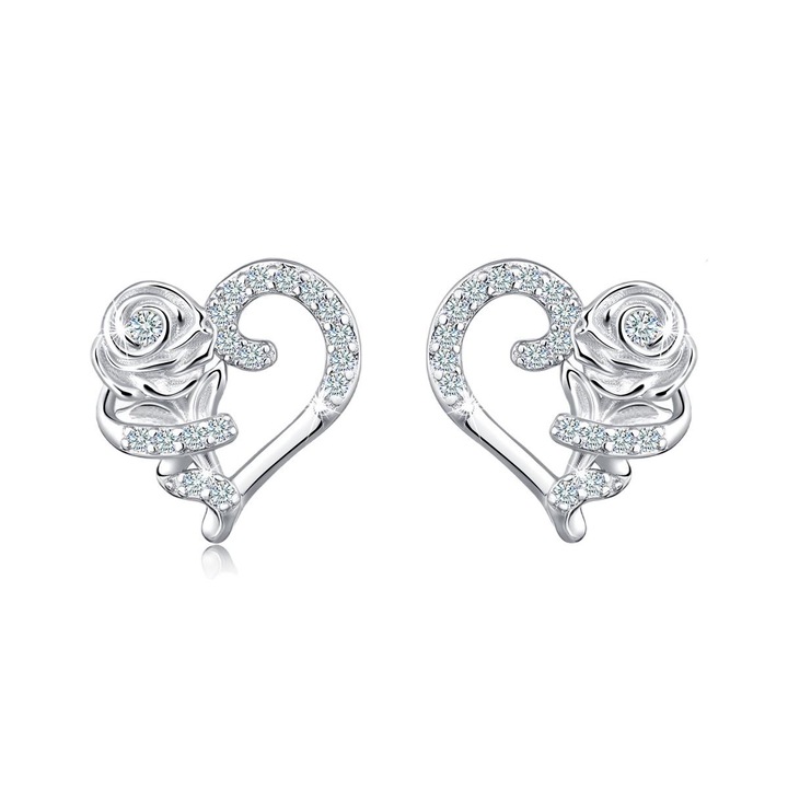 Cercei dama, Mennica Bydgoska, Model inima cu trandafir, Argint, Pietre zirconiu, Argintiu