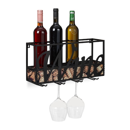 Suport sticle de vin Relaxdays, suspendat, pentru 4 sticle, cu suport pentru pahare, negru, 23.5 x 46.5 x 12 cm