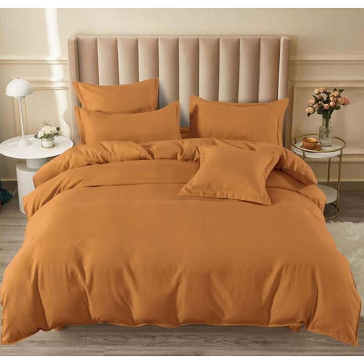 Set lenjerie de pat dublu, 6 Piese, Uni, Pucioasa, Bumbac Finet, Cearceaf de pat cu elastic 180 x 200 cm, Cearceaf pilota 200 x 230 cm, 2 huse perne 55 x 75 cm si 2 huse perna 70 x 70 cm, Cappuccino