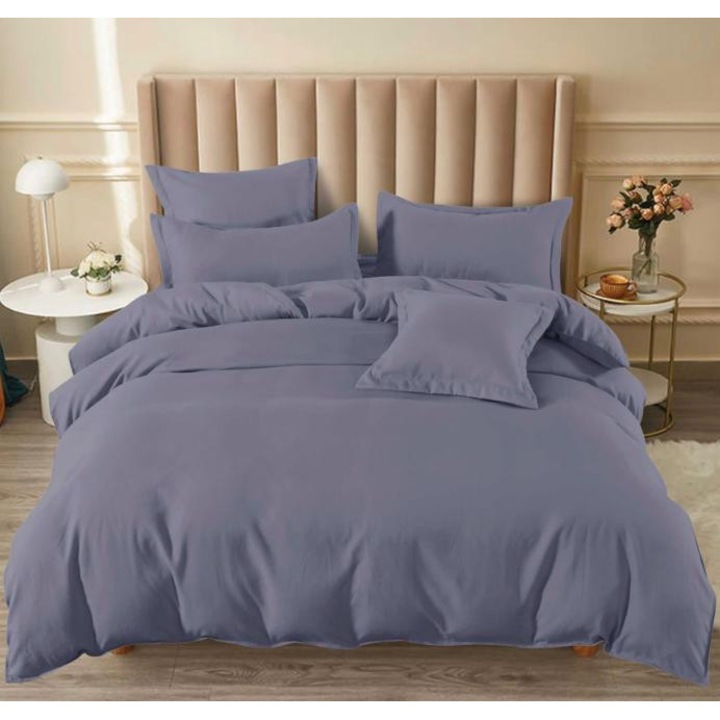 Dupla Ágyneműhuzat, 6 részes, Sima, Pucioasa, Finom pamut, Lepedő gumival 180 x 200 cm, Lepedő 200 x 230 cm, 2 párnahuzat 55 x 75 cm és 2 párnahuzat 70 x 70 cm, Szürke zárt