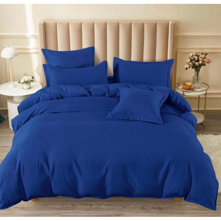 Set lenjerie de pat dublu, 6 Piese, Uni, Pucioasa, Bumbac Finet, Cearceaf de pat cu elastic 180 x 200 cm, Cearceaf pilota 200 x 230 cm, 2 huse perne 55 x 75 cm si 2 huse perna 70 x 70 cm, Albastru
