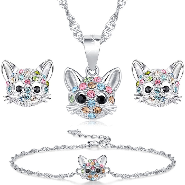 Детски комплект колие, обеци и гривна, Mennica Bydgoska, модел Cat, Silver, Silver