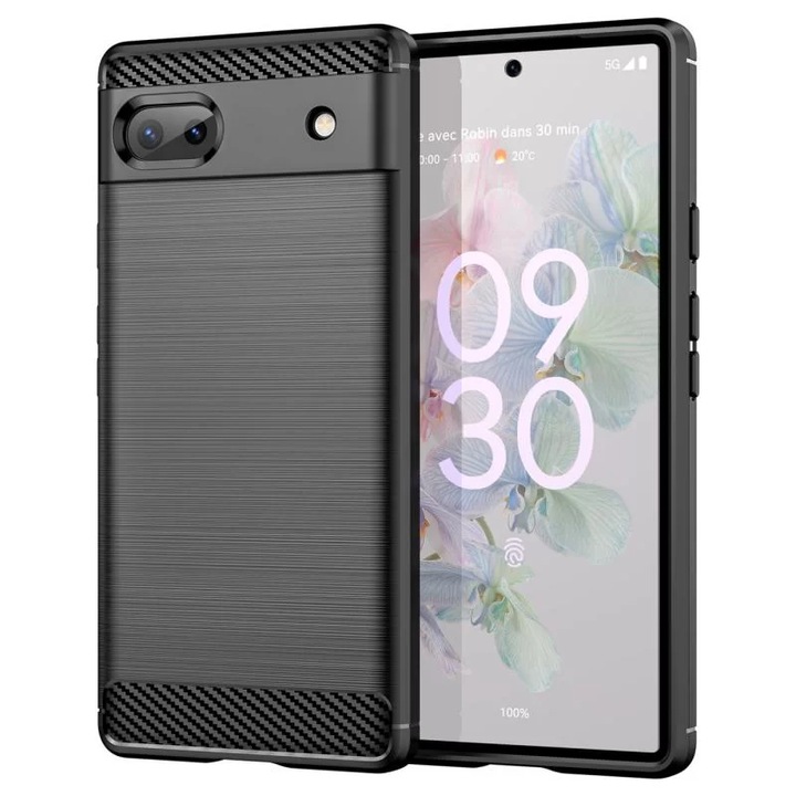 Калъф, съвместим с Google Pixel 6a TPU Ultra Protect Slim Anti-Shock, въглеродни влакна, черен