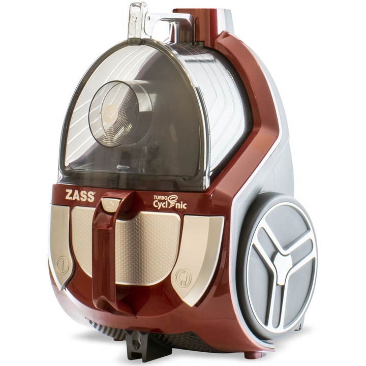 Aspirator fara sac Zass ZVC 20 Turbo Cyclonic, 800W, Filtru lavabil WHF Plus, Hepa 12, Recipient colectare transparent 4.3L, Filtru evacuare aer anti-alergic, Culoare Bordo
