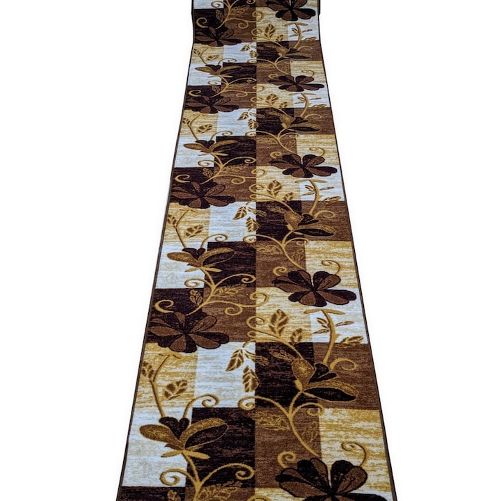 Csúszásgátló szőnyeg virágokkal, gumi tartó, 80 x 550 cm, barna és bézs