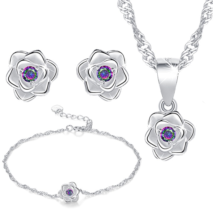 Set colier, cercei si bratara dama, Mennica Bydgoska, Model trandafiri, Argint, Pietre zirconiu, Argintiu
