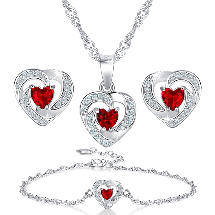 Set colier. cercei si bratara dama. Mennica Bydgoska. Model inima. Argint. Pietre zirconiu. Argintiu/Rosu