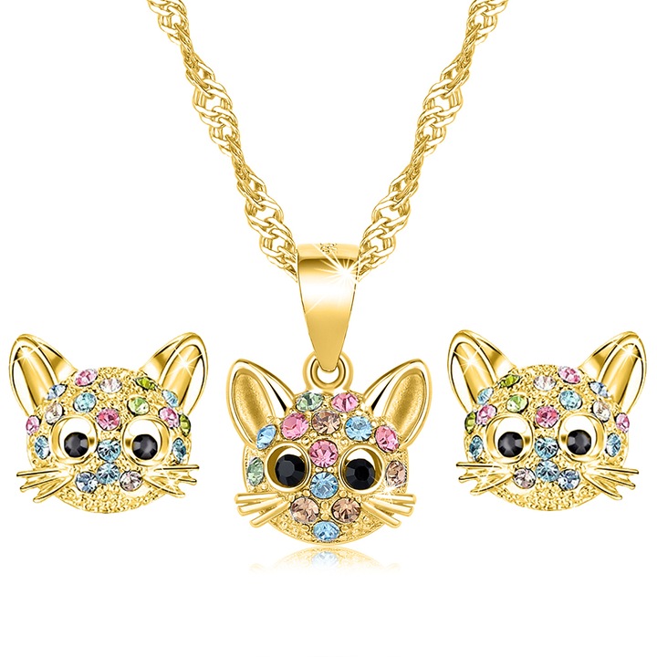 Nyaklánc és fülbevaló szett lányoknak, Mennica Bydgoska, Macskamodell, Ezüst, Arany