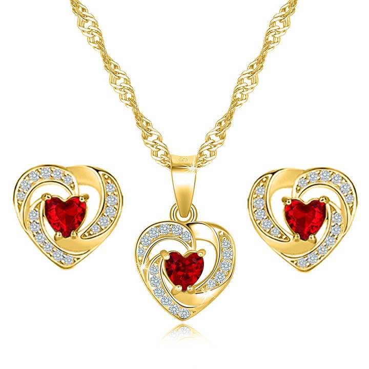 Set colier si cercei dama, Mennica Bydgoska, Model inima, Argint, Pietre zirconiu, Auriu/Rosu