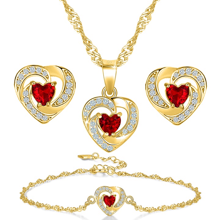 Set colier, cercei si bratara dama, Mennica Bydgoska, Model inima, Argint, Pietre zirconiu, Auriu/Rosu