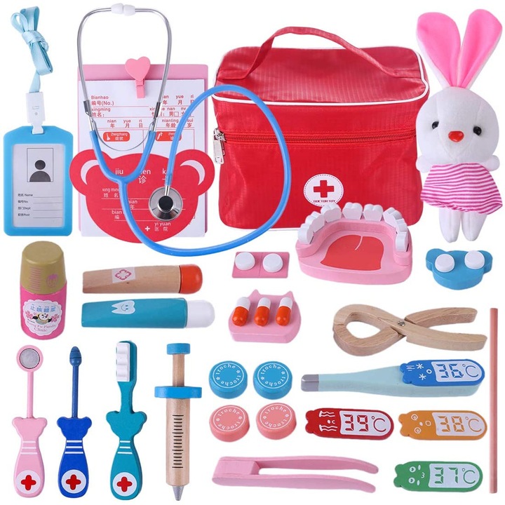 Trusa medicala de Jucarie pentru copii BYONDSELF cu 25 de accesorii pentru jocul de rol al medicului sau dentistului, Multicolor