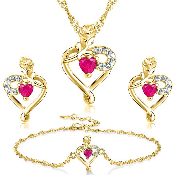 Set colier, cercei si bratara dama, Mennica Bydgoska, Model inima, Argint, Pietre zirconiu, Auriu/Roz