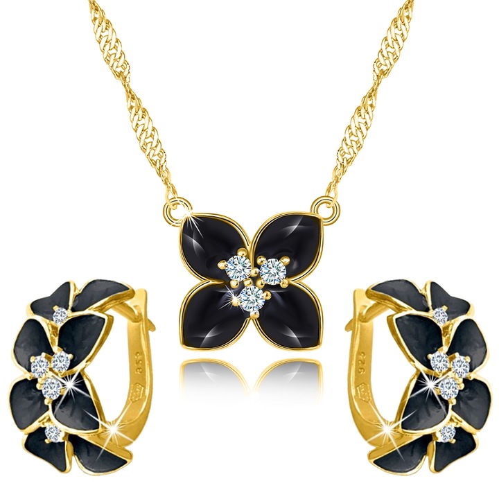 Női nyaklánc és fülbevaló szett, Mennica Bydgoska, virág forma, ezüst, arany/fekete