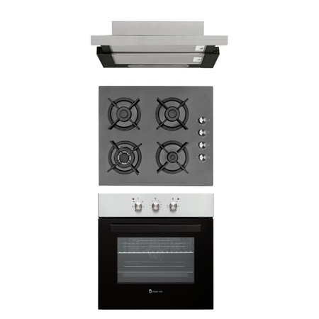 Pachet cuptor electric, plita gaz sticla si hota telescopica Dark Beauty Studio Casa, Cuptor electric A, 6 functii cu ventilator, Grill, Negru / Inox
