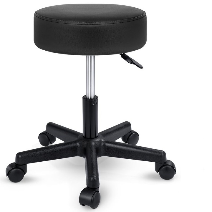 Scaun taburet TRESKO® pentru cosmetica/cabinet medical/laborator, rotire la 360°, inaltime reglabila intre 47 - 60 cm, piele ecologica, negru