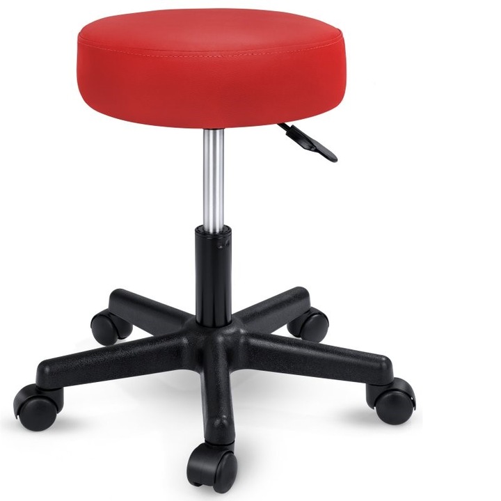 Scaun taburet TRESKO® pentru cosmetica/cabinet medical/laborator, rotire la 360°, inaltime reglabila intre 47 - 60 cm, piele ecologica, rosu