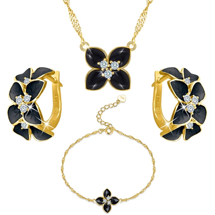 Set bijuterii, Mennica Bydgoska, Aur, Floare, Auriu/Negru