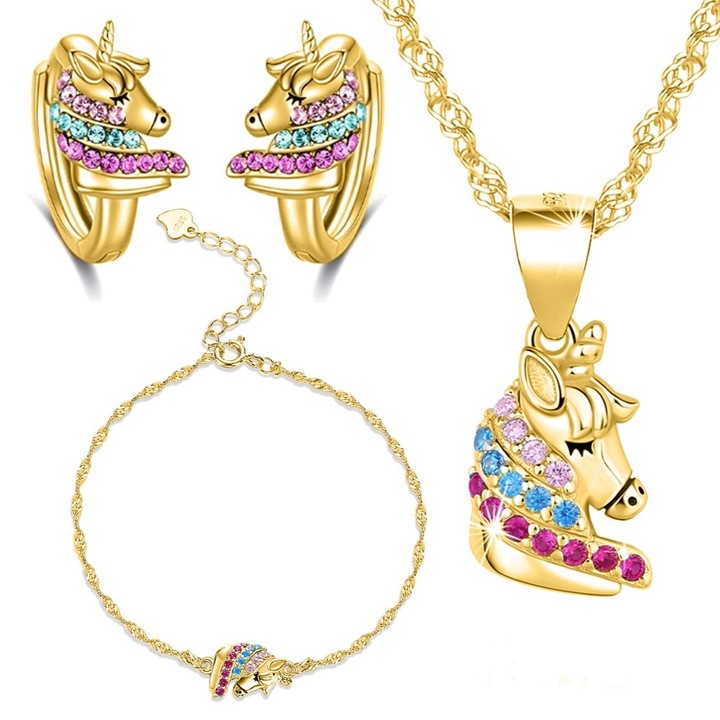 Set colier, cercei si bratara fete, Model unicorn, Argint 925, Auriu