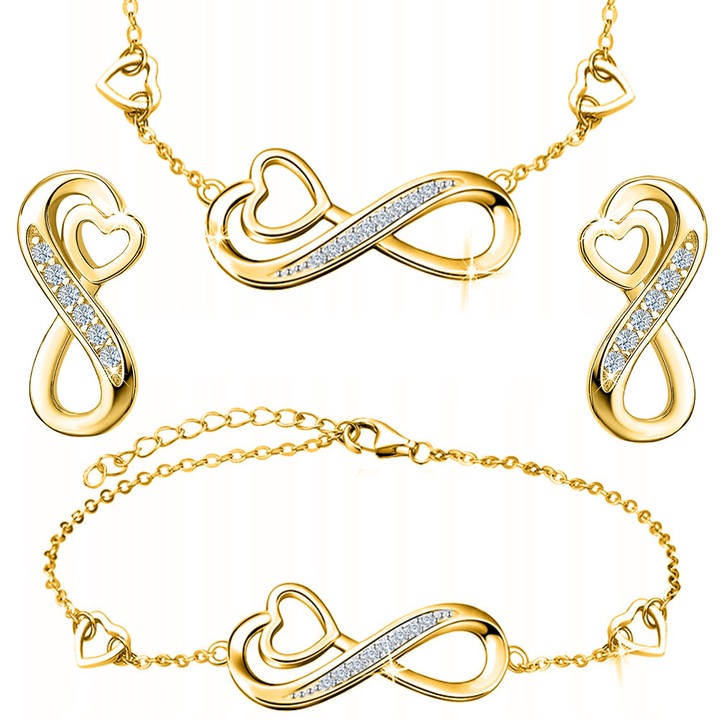 Set colier. cercei si bratara dama. Mennica Bydgoska. Model infinit. Argint. Pietre zirconiu. Auriu