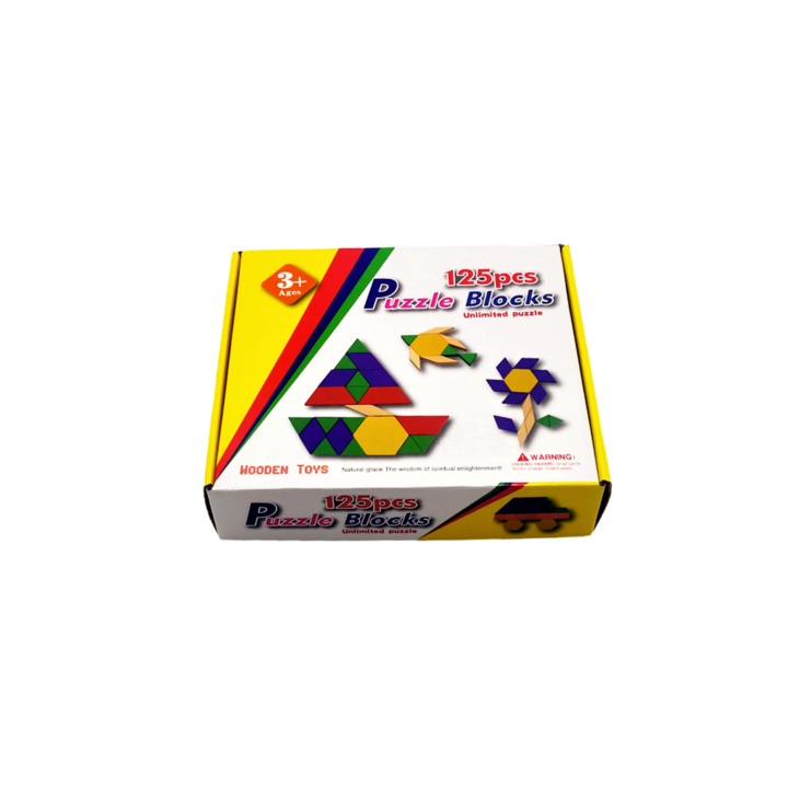 Joc educativ tangram din lemn cu 125 piese geometrice multicolore, Puzzle blocks