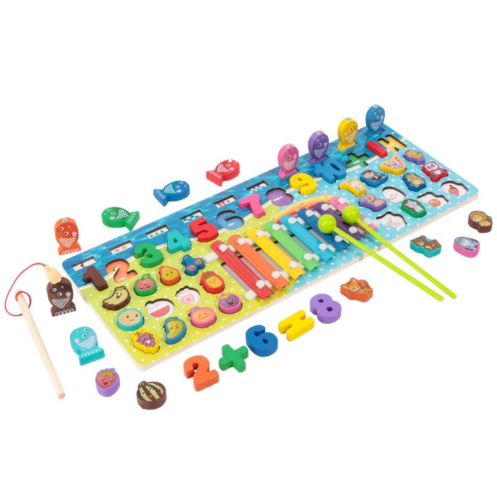 Toyska Logaritmikus Montessori 5 az 1-ben xilofon oktatójáték számokkal, gyümölcsökkel, állatokkal, fából készült horgászjáték, többszínű