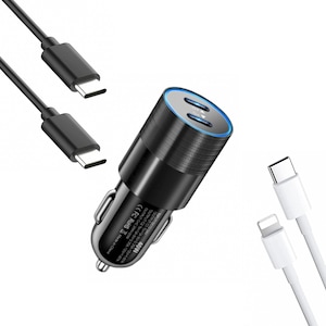 Set Incarcator auto 40w, Quande, 2 x USB-C PD, 1 X cablu USB-C, 1 X cablu USB-C - Lightning 1m