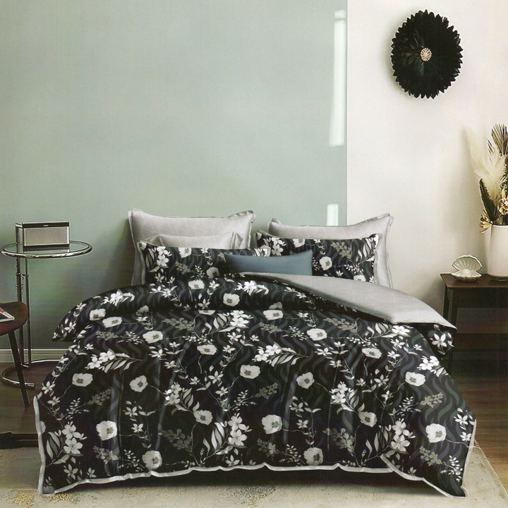 Спално спално бельо от фино двойно памучно бельо 6 части 220 x 240 см, Флорален принт, Сиво Черно, Ralex Pucioasa M279