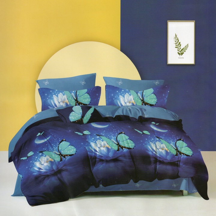 Спално спално бельо от фино двойно памучно бельо 6 части 220 x 240 см, Fluturasi, синьо, Ralex Pucioasa M275