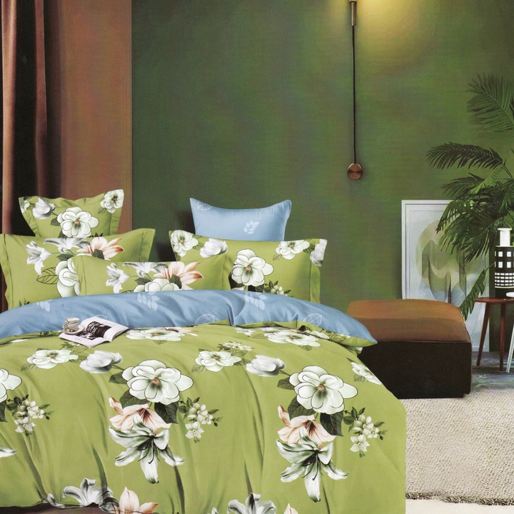 Спално спално бельо от фино двойно памучно бельо 6 части 220 x 240 см, Пролетни цветя, Синьо зелено, Ralex Pucioasa M277