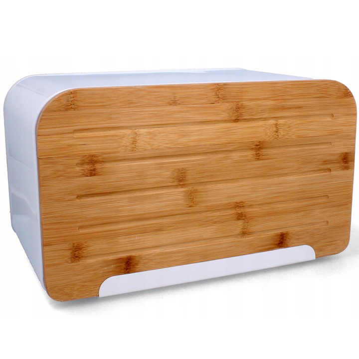 (DL) Cutie depozitare paine metal, cu capac frontal din bambus, 35x21x20 cm, alb si maro