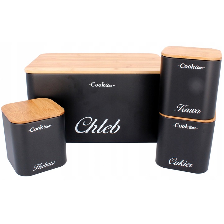 (DL) Set cutie depozitare paine si 3 recipiente, metalica cu capac din bambus, negru si maro
