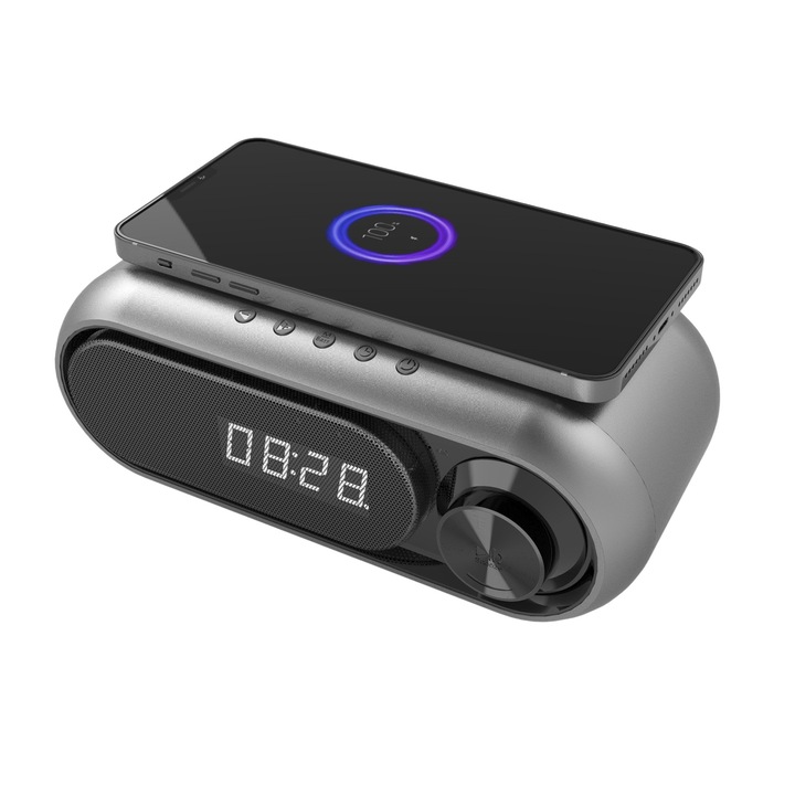 Bluetooth високоговорител, Безжично зарядно, Цифров будилник, FM радио, Micro SD четец на карти, Вградена батерия, Сив