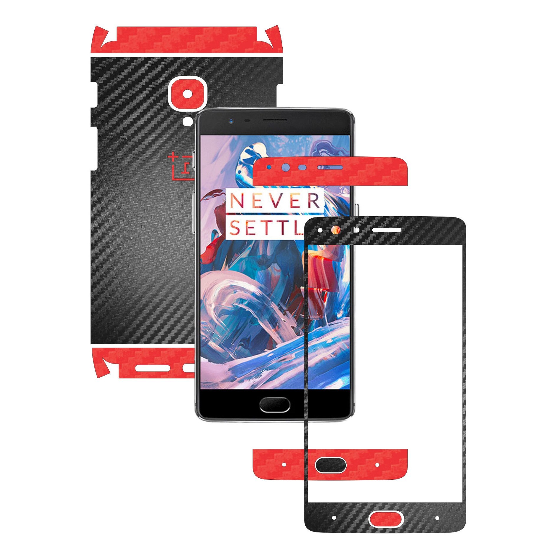 Folie de protectie Full Body Carbon Skinz, Acoperire Totala, Two Tone Negru / Rosu pentru OnePlus 3, 3T