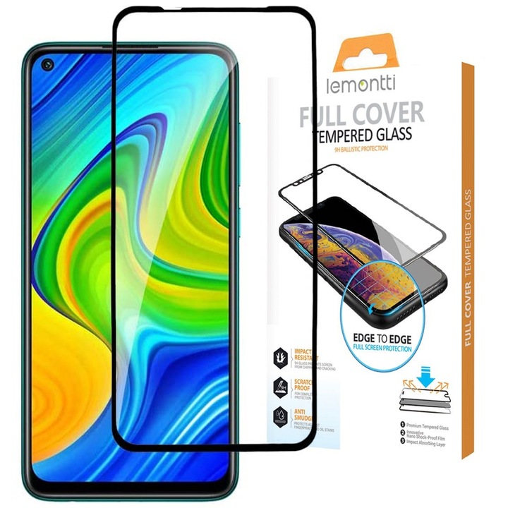 Folie Sticla Lemontti Full Fit compatibila cu Xiaomi Redmi Note 9, Negru