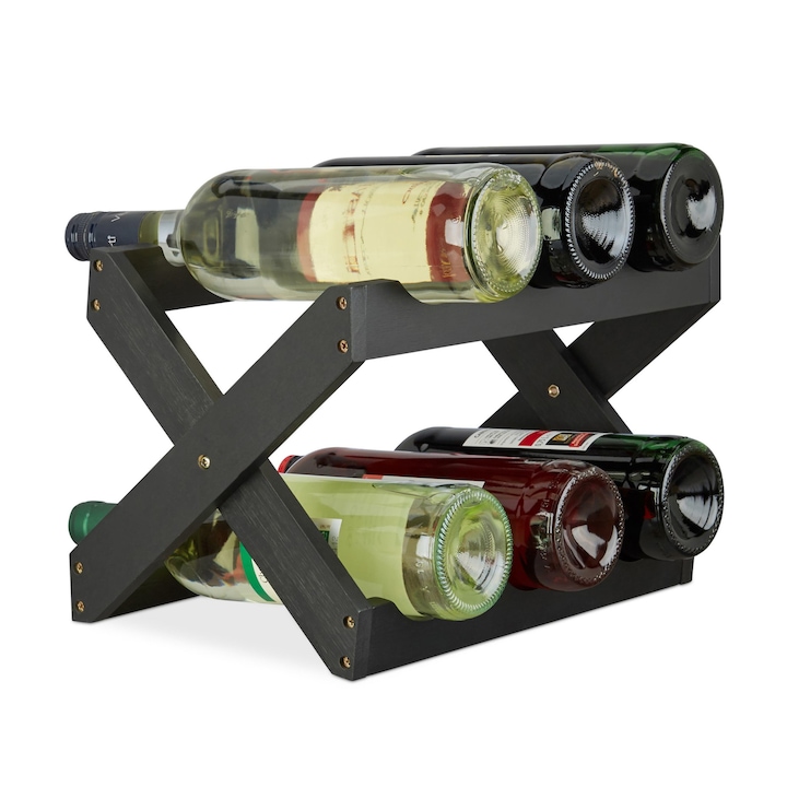 Suport sticle vin Relaxdays, din bambus, pentru 6 sticle, negru, 22 x 36 x 20 cm