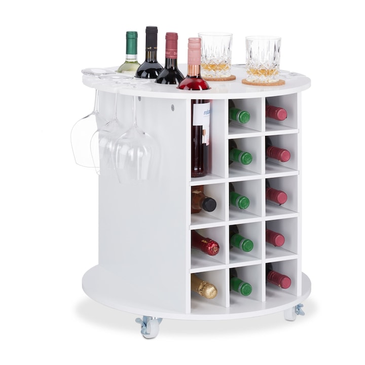 Suport sticle de vin, Relaxdays, alb, din MDF, pentru 17 sticle, cu suport pentru pahare si masuta pentru servire, 56 x 54 cm