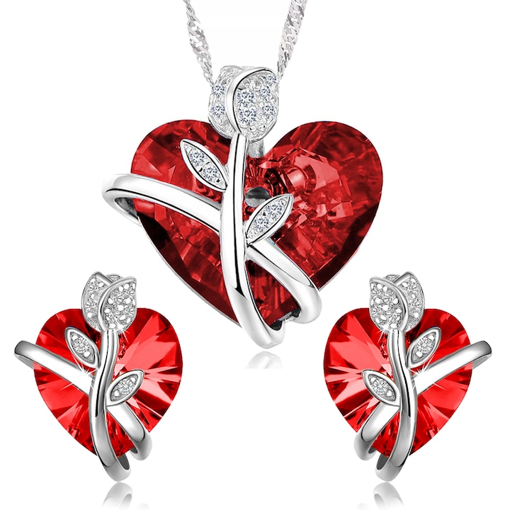 Set colier si cercei dama, Mennica Bydgoska, Model inima, Argint, Cristal Swarovski, Rosu/Argintiu