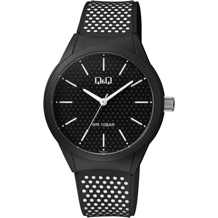 Q&Q férfi karóra, quartz, fekete színű műanyag tok, fekete színű számlap, fekete/fehér színű műanyag szíj, VR28J041Y