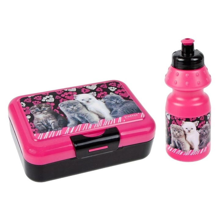 Set cutie de pranz si sticla copii, Starpak, Pisici, Plastic, 350 ml, Roz/Negru