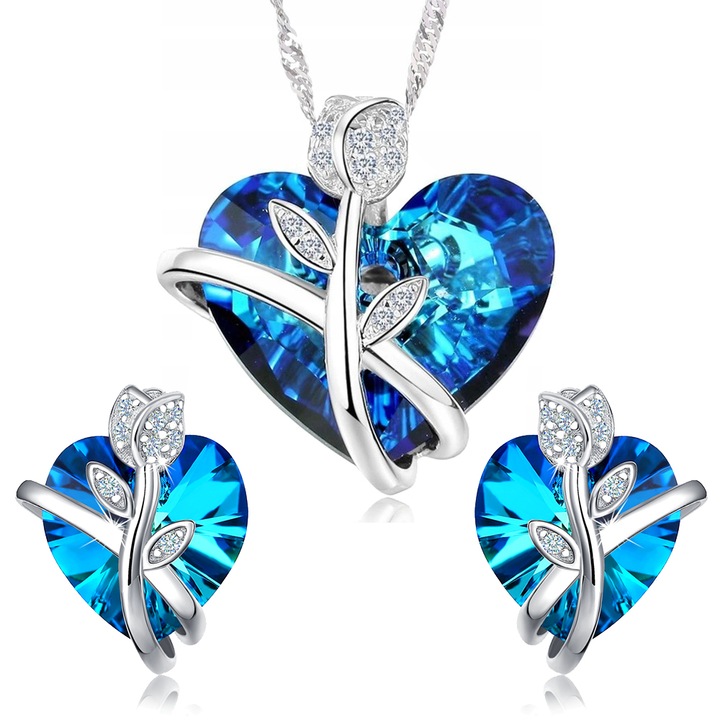 Set bijuterii dama, Mennica Bydgoska, Argint, Model inima, Argintiu/Albastru