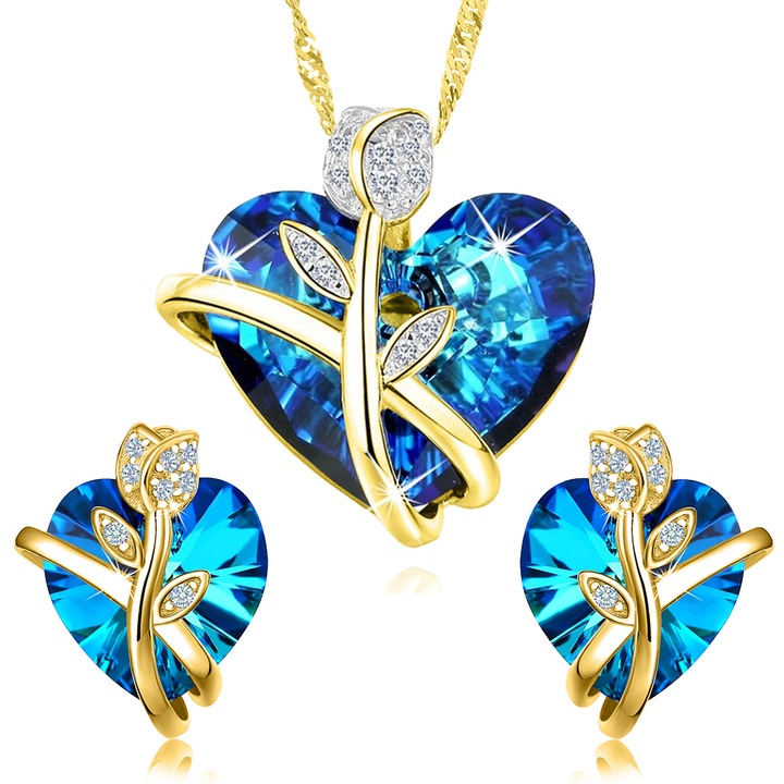 Set bijuterii dama, Mennica Bydgoska, Argint, Model inima, Auriu/Albastru