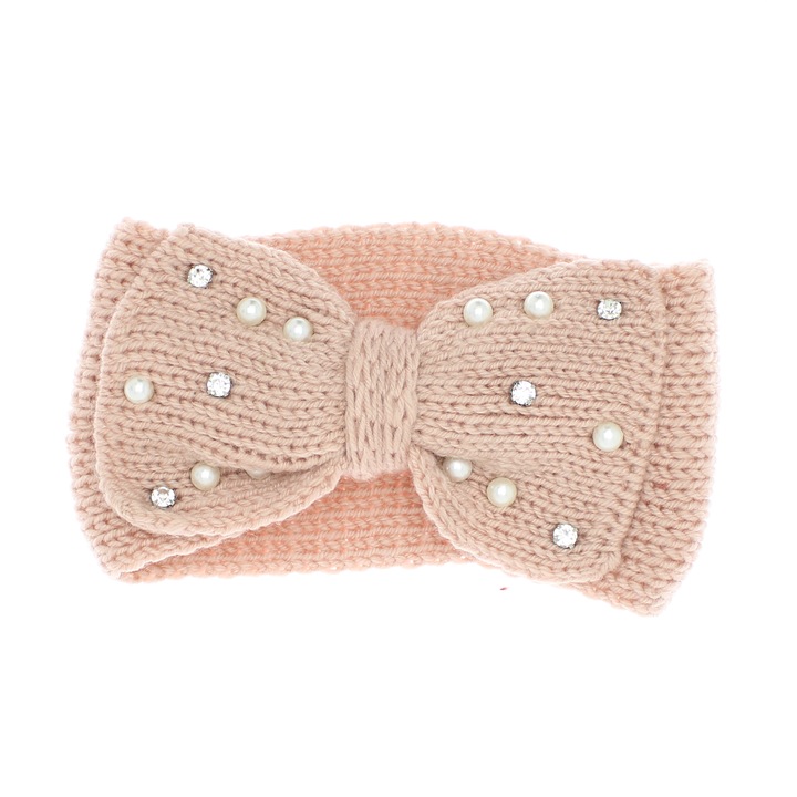 Дамска плетена лента за глава, 100% акрил, ButicCochet, един размер, с перли и звезди, розово - BNT206