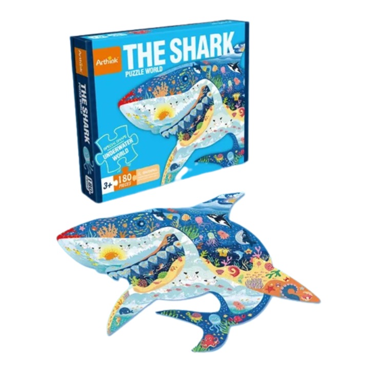 Set Puzzle In Forma De Rechin, Habarri, Material Spuma, Varsta Recomandata 7+, Idea Ideal Pentru Cadou, Nivel De Dificultate 5/7, Timp De Asamblare 120 Min, 70x51 cm, Multicolor, 180 De Piese