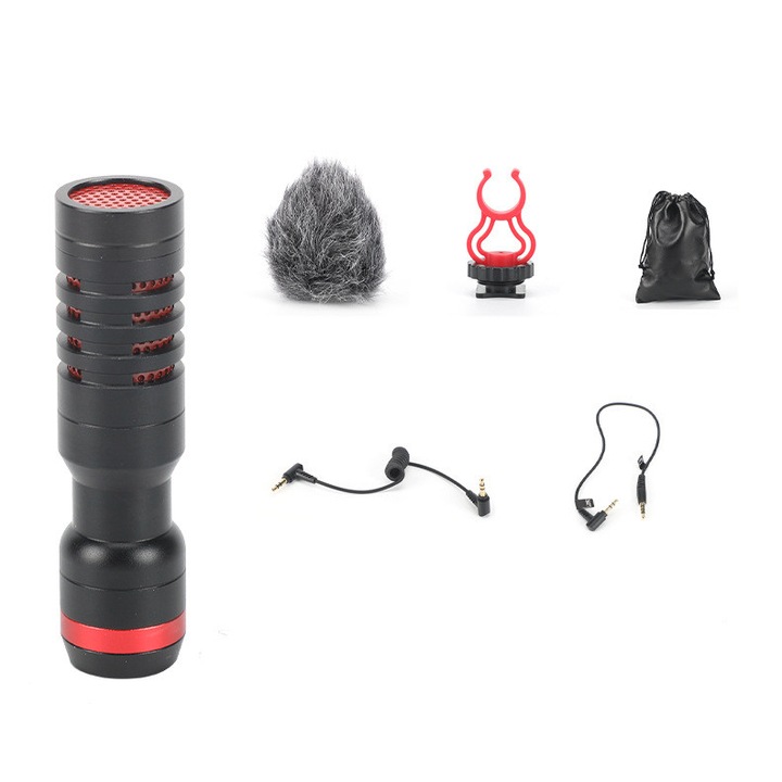 Microfon pentru camera, Sundiguer, 3.5mm, Rosu/Gri