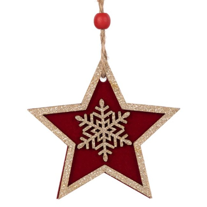Ornament Brad, in forma de Stea, Xmas, din lemn, Imprimeu cu Fulg de Nea, 8.7 cm