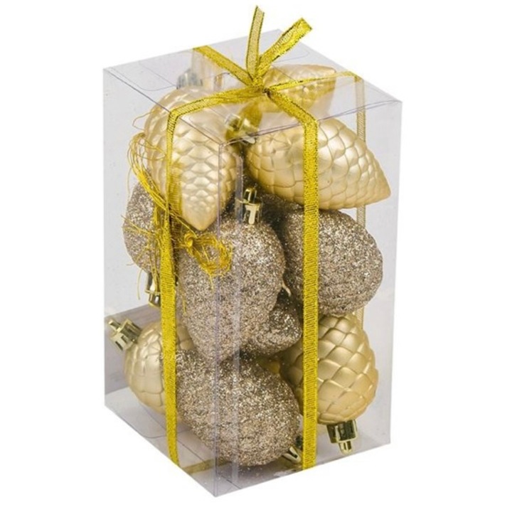 Set 12 ornamente pentru bradul de Craciun, conuri, sampanie, 7 cm