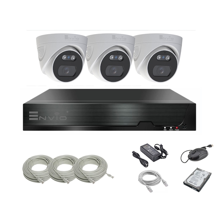 Kit/sistem supraveghere video complet ENVIO IP POE cu 3 camere Full Color 4MP PESS-KIT3CHBFP60H400-WHDD