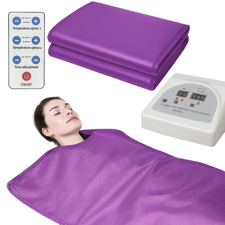 Termocuverta Si Patura Termica, Alhena® XC-RZT02, Cu Infrarosu 2 Zone, 10 saci cadou, Telecomanda, Incalzire Uniforma, Tratamente Corporale, Relaxare Si Slabire, Utilizare Profesionala Sau Acasa, Material Rezistent, Violet