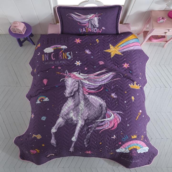 Set cuvertura matlasata bumbac 100% si 1 fata perna, 160 x 220 cm, 2 piese, Clasy Home, Rainbow